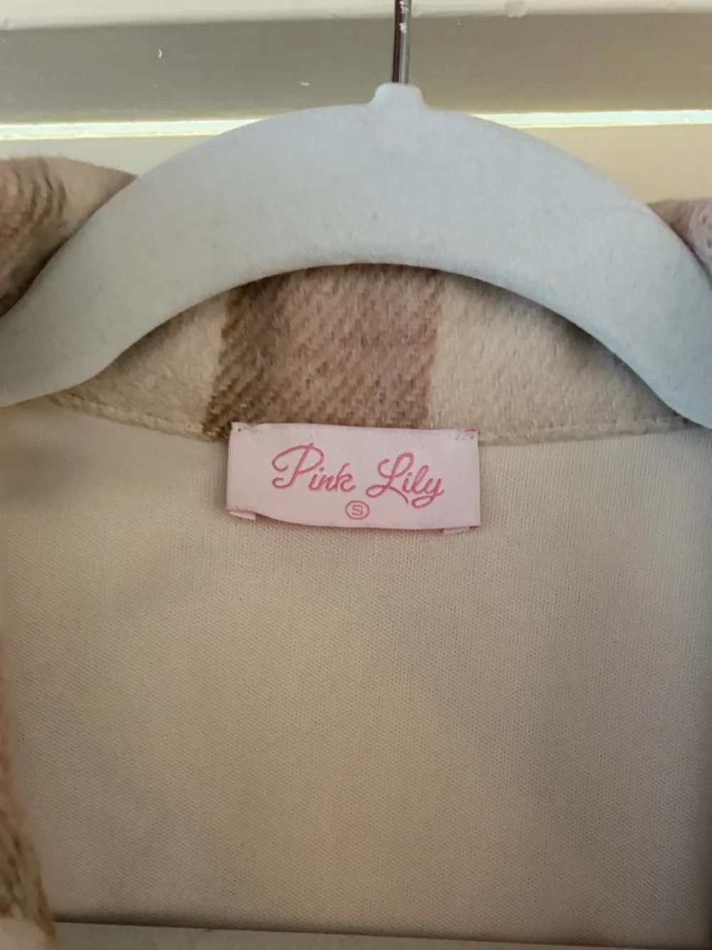 Pink Lily Plaid Shacket Jacket in Cream and Tan